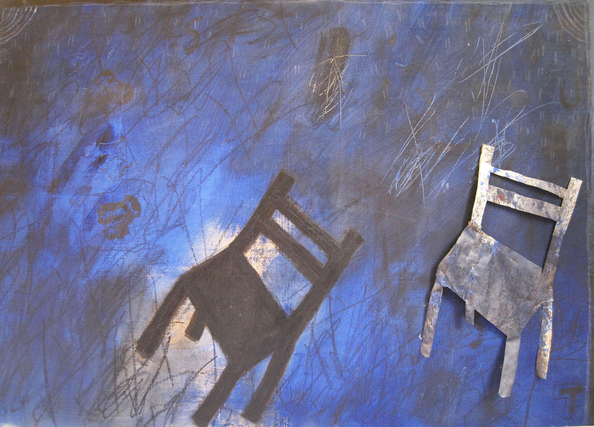 Jürgen's Chair, Jürgens Stuhl, 2017 - oil and collage on board, 57.5x82 cm- olio e collage su tavola, cm 57,5x82