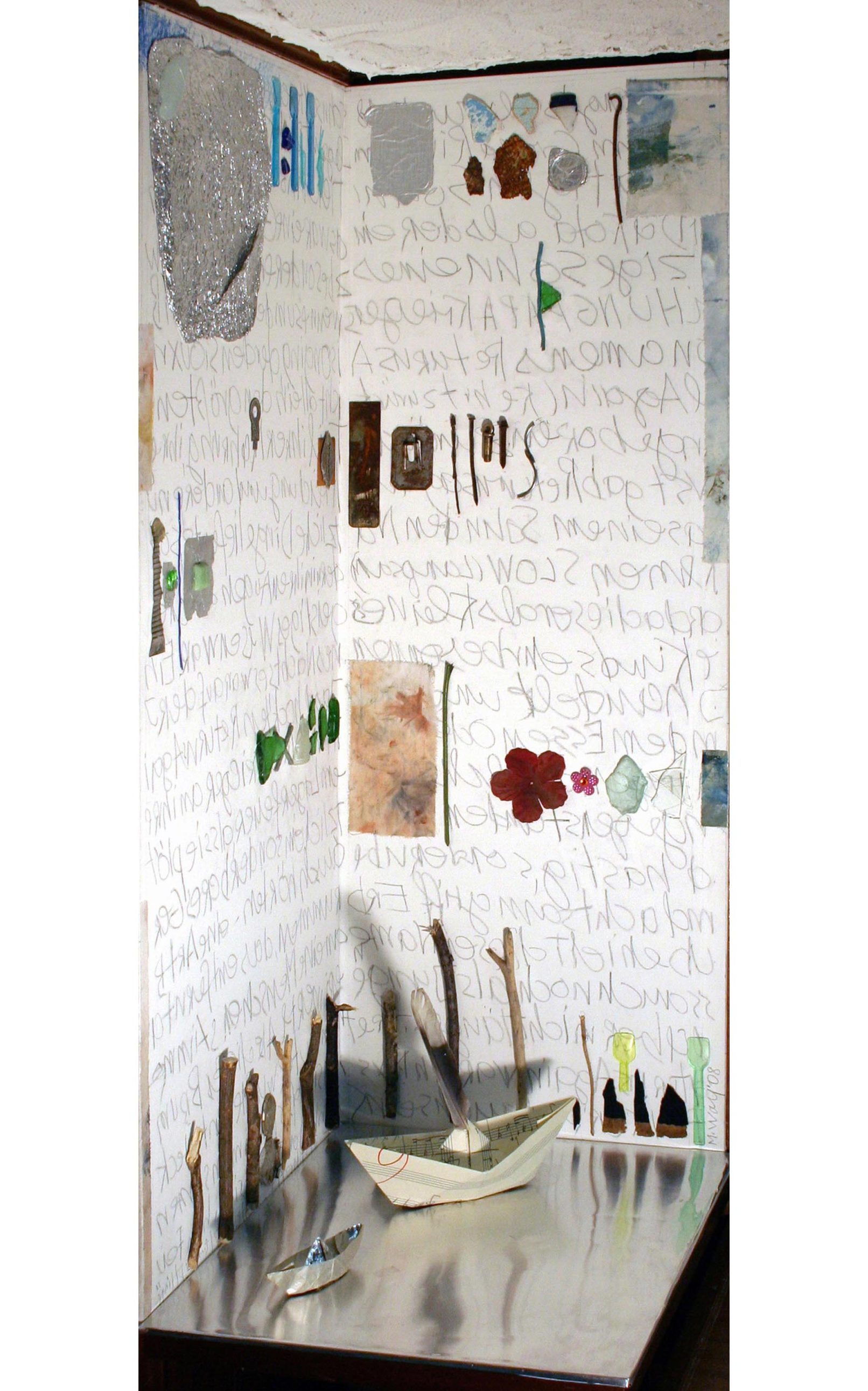 Un libro - Paesaggio con barchetta, Nicolò C., 2009 - combine painting, mixed media, cm 100x42 + cm 100x36 piegato a 90°, base cm42x36 (Libreria Bocca - Milano)