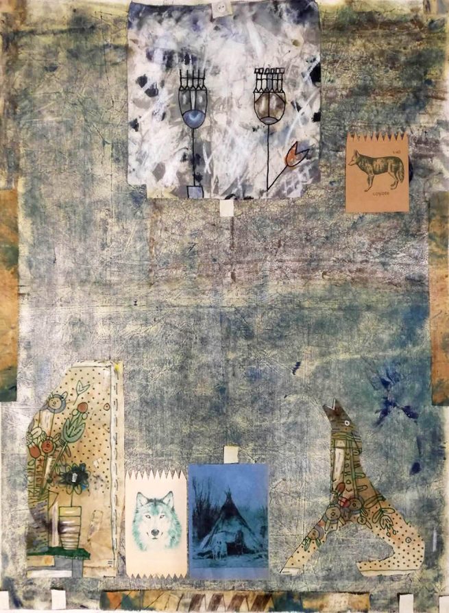Il Lupo, Canis Lupus. Il Coyote, Canis Latrans, 2020 - collage di materiale riciclato su carta di riso incollata su tela, cm 60x80
