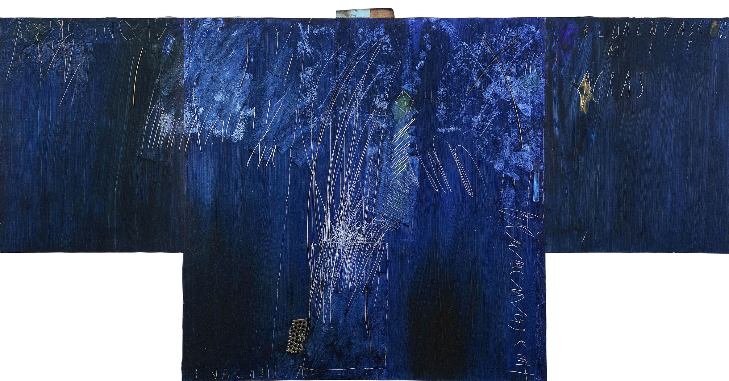 Grande Camicia Blu - Blumenvase mit Gras, 2007 - olio e collage su tela, trittico, cm 80x160