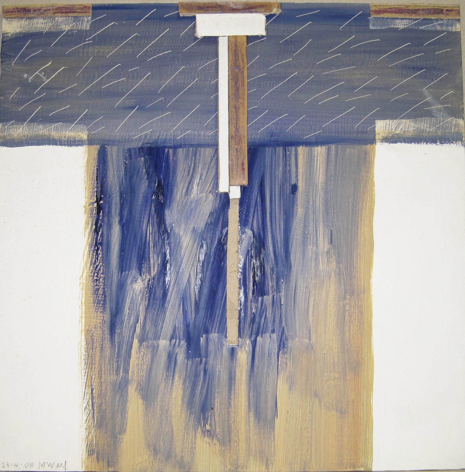 Camicia Hemd, lilablau+ocker, 2008 - olio e collage su masonite, cm 39x39