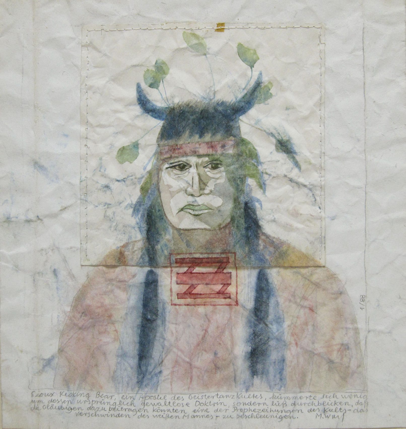 Kicking Bear, 1988 - acquerello su carta Ingres cucito intorno, cm 36x34
