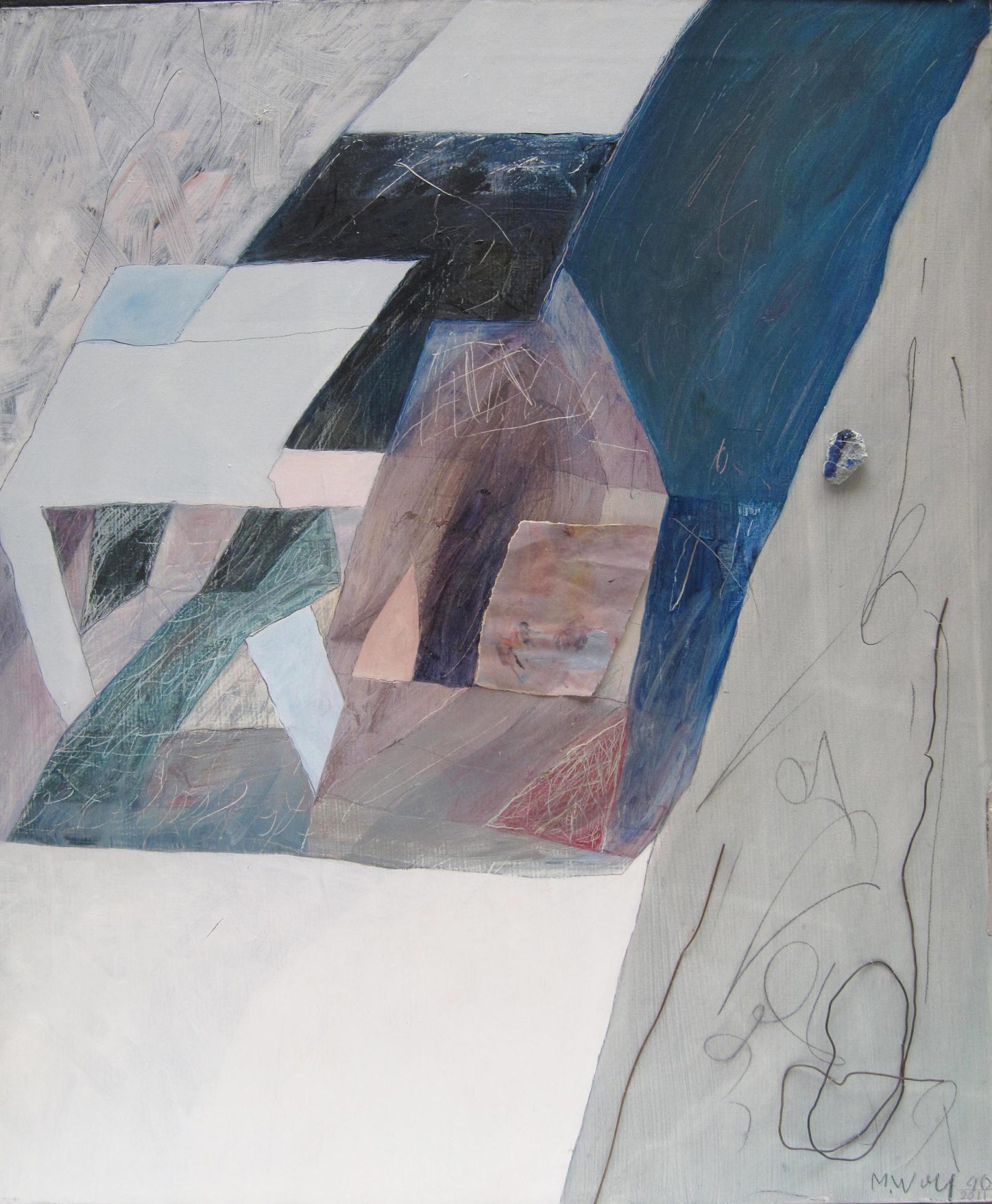 Sul fondo del fiume (dipinto sopra altra opera), 1990-2011 - Olio e collage su tela
