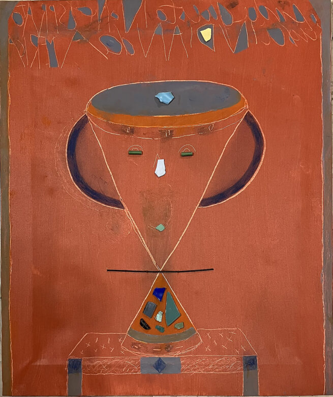 VASO 1 su fondo rosso, 2023 - Olio + assemblaggi su tela